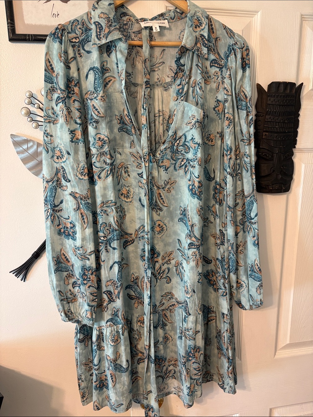Lucky Brand Light Blue Paisley Tiered Long-Sleeve Dress